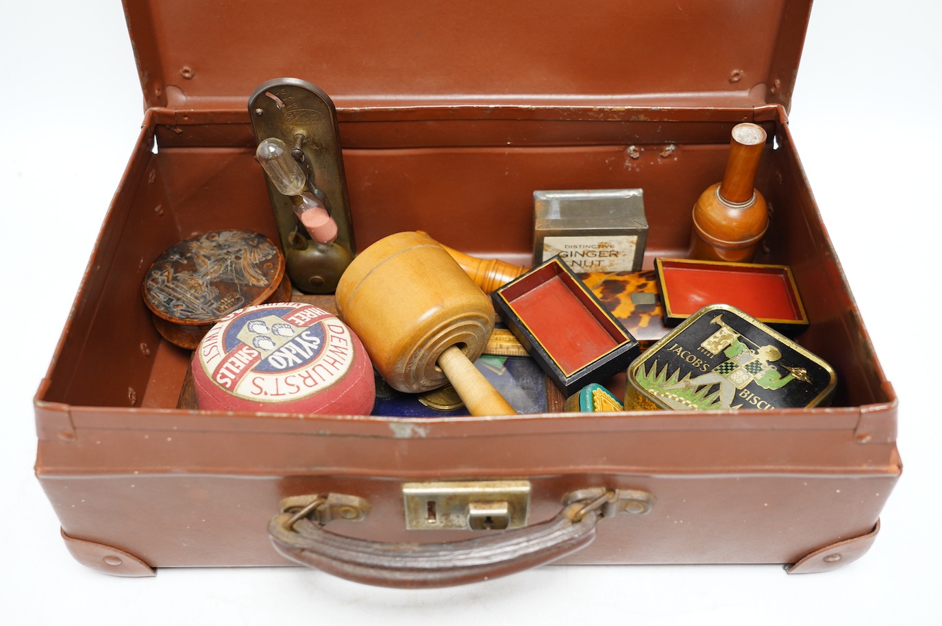 A quantity of 19th century and later collectables to include a circular burr wood snuff box, framed medals, a tortoiseshell snuff box and sundries. Condition - fair